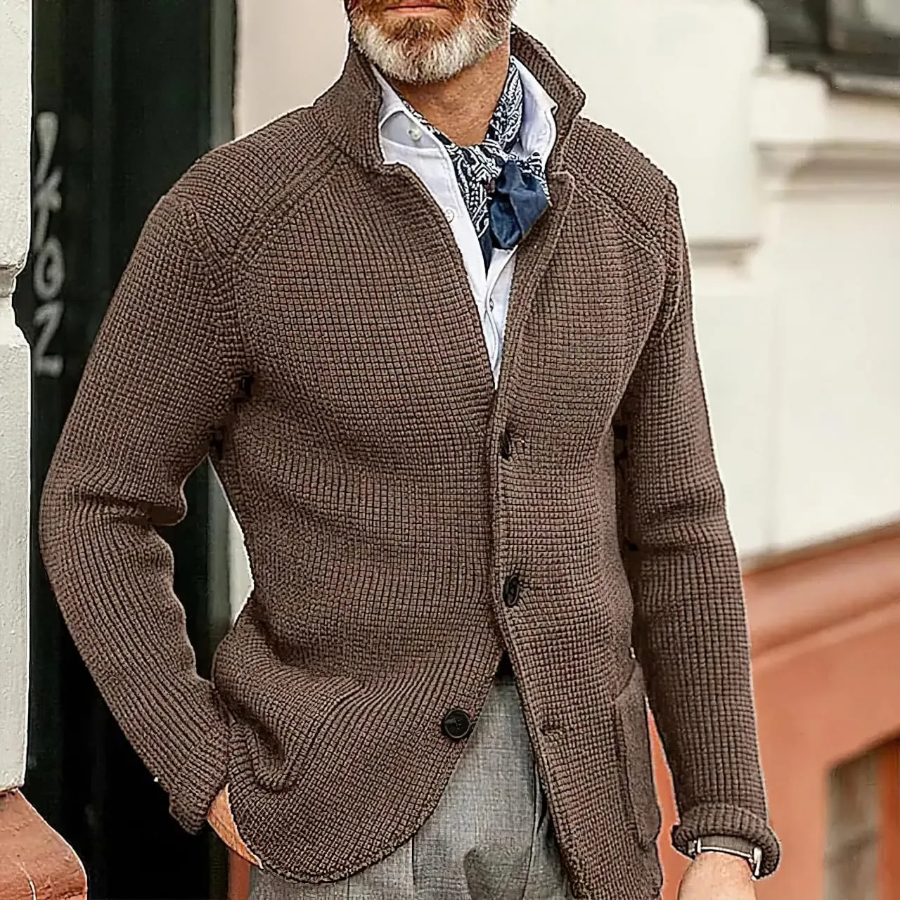 Men's Fall Button Down Knitted Cardigan Sweater Casual Stand Collar Winter Business Blazer Jacket with Pockets