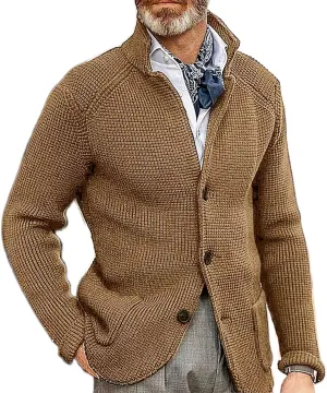Men's Fall Button Down Knitted Cardigan Sweater Casual Stand Collar Winter Business Blazer Jacket with Pockets