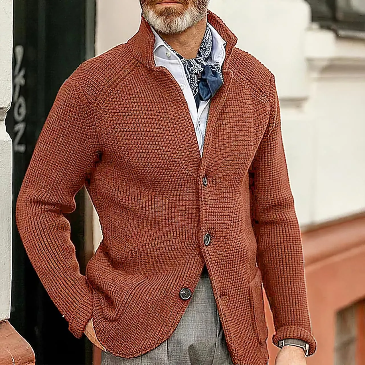 Men's Fall Button Down Knitted Cardigan Sweater Casual Stand Collar Winter Business Blazer Jacket with Pockets