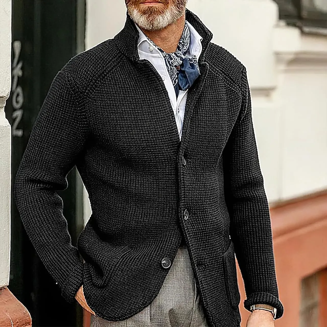 Men's Fall Button Down Knitted Cardigan Sweater Casual Stand Collar Winter Business Blazer Jacket with Pockets