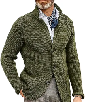 Men's Fall Button Down Knitted Cardigan Sweater Casual Stand Collar Winter Business Blazer Jacket with Pockets