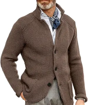 Men's Fall Button Down Knitted Cardigan Sweater Casual Stand Collar Winter Business Blazer Jacket with Pockets