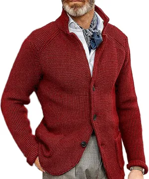 Men's Fall Button Down Knitted Cardigan Sweater Casual Stand Collar Winter Business Blazer Jacket with Pockets