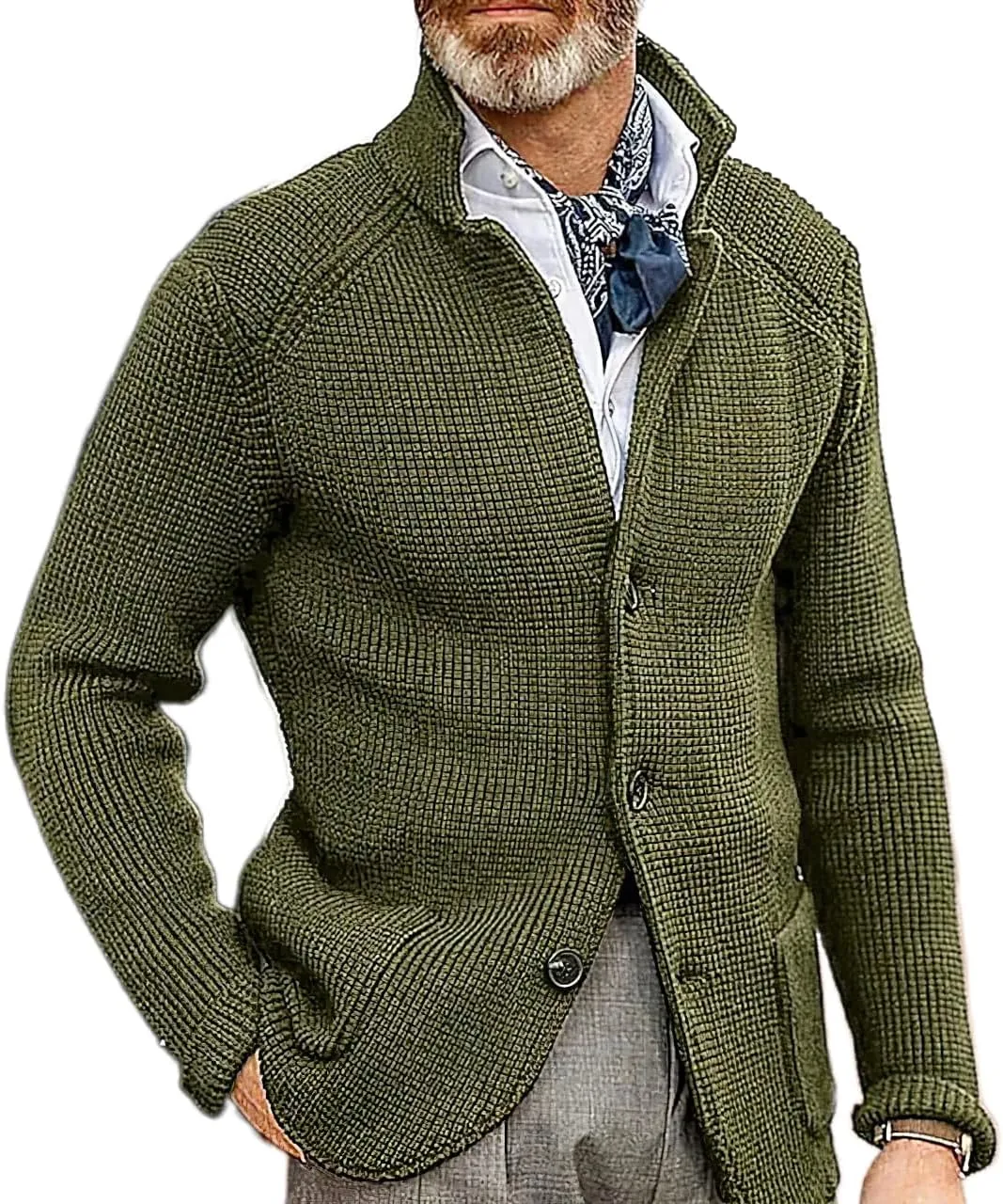 Men's Fall Button Down Knitted Cardigan Sweater Casual Stand Collar Winter Business Blazer Jacket with Pockets