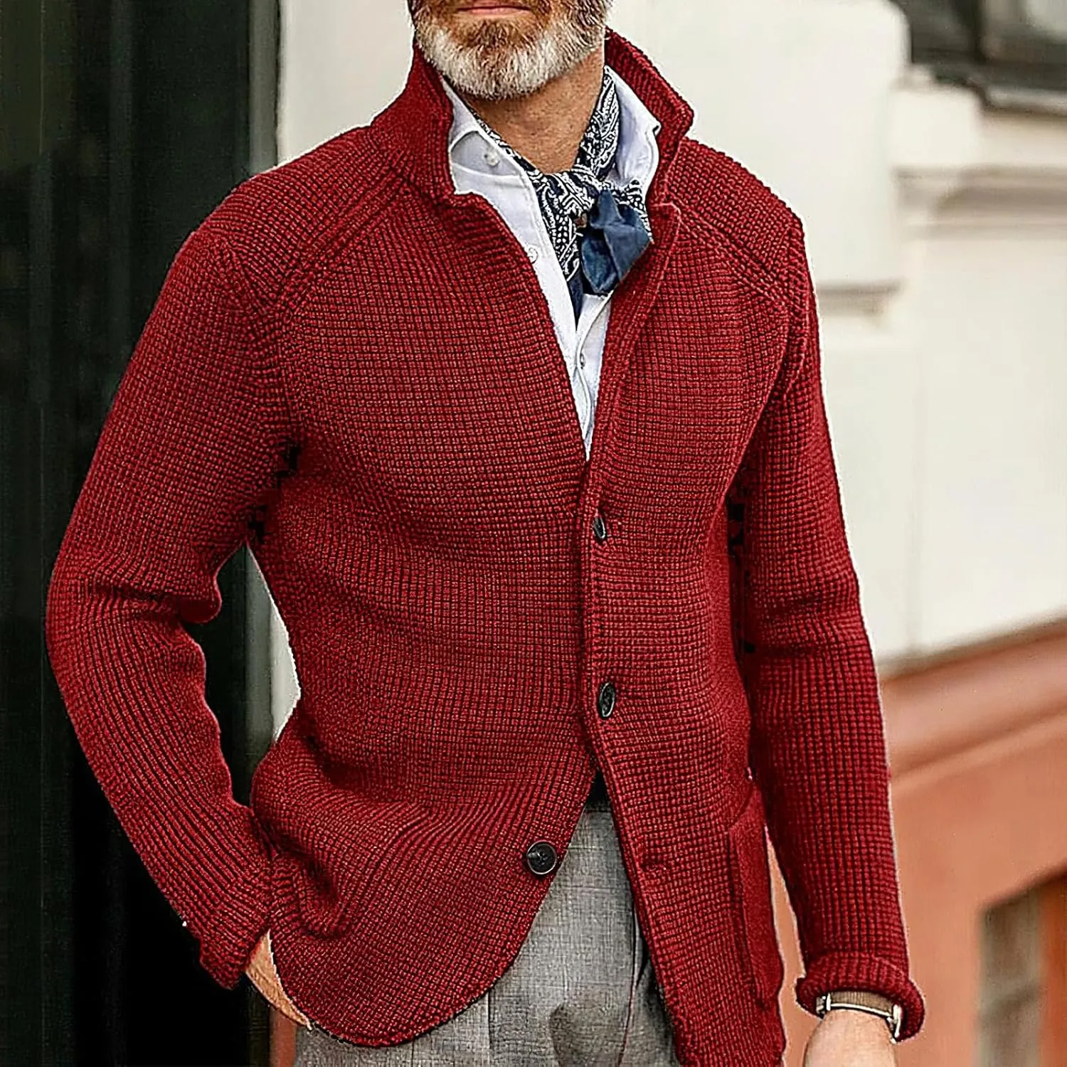 Men's Fall Button Down Knitted Cardigan Sweater Casual Stand Collar Winter Business Blazer Jacket with Pockets