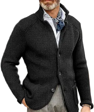 Men's Fall Button Down Knitted Cardigan Sweater Casual Stand Collar Winter Business Blazer Jacket with Pockets