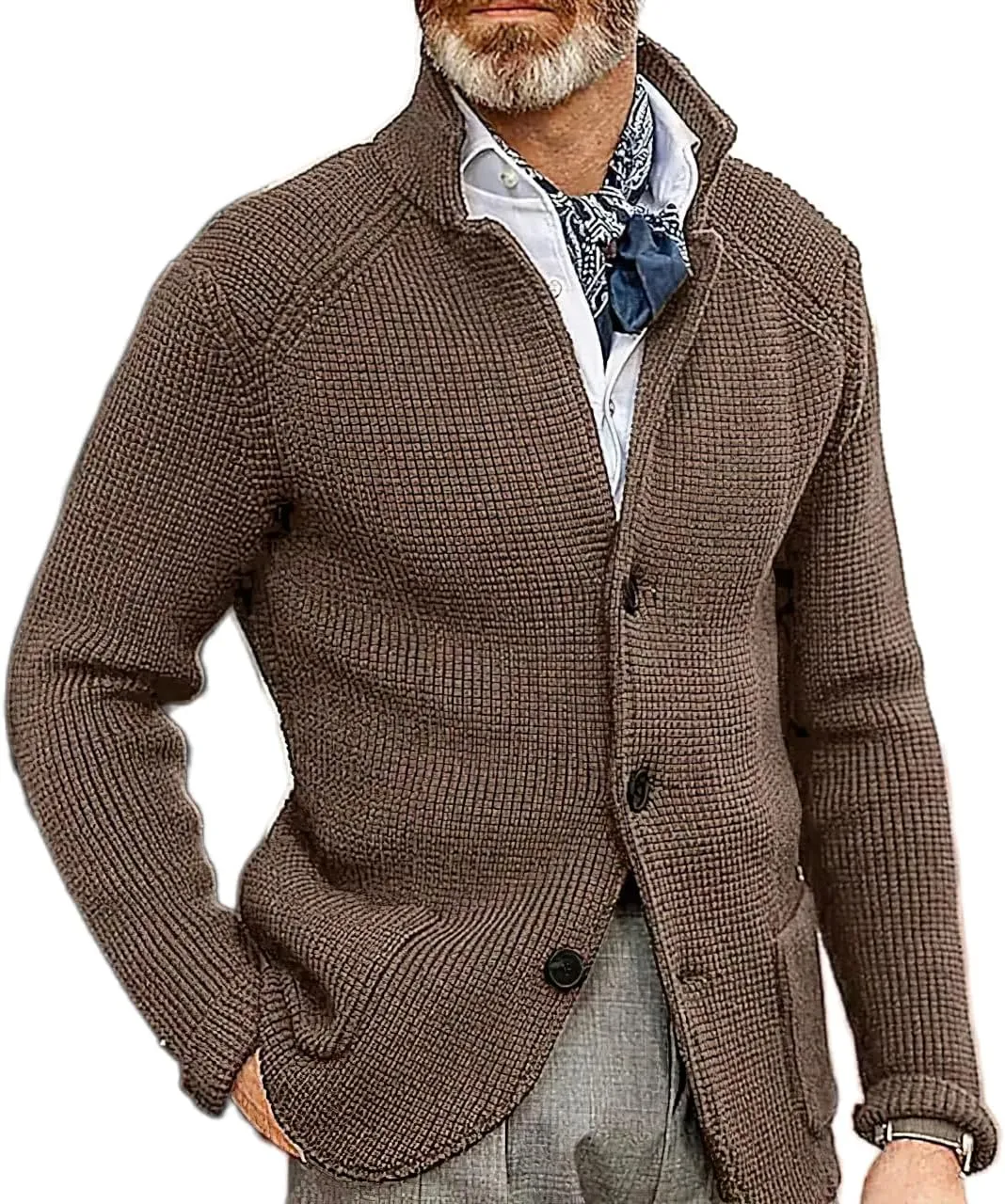 Men's Fall Button Down Knitted Cardigan Sweater Casual Stand Collar Winter Business Blazer Jacket with Pockets