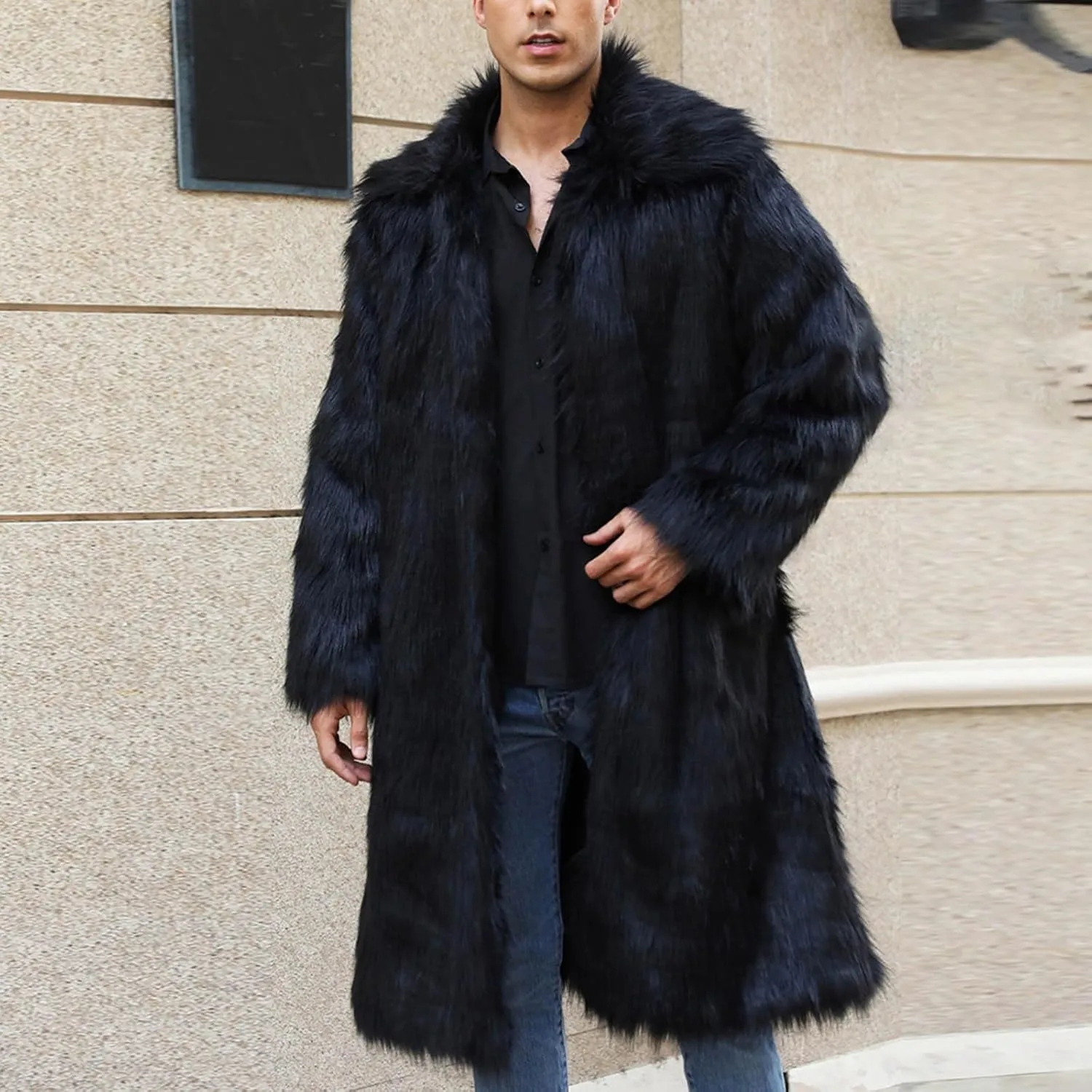 Men's Faux Fur Coat Winter Fashion Furry Fleece Trench Coat Men Winter Warm Faux Fur Overcoat Thicken Soft Jacket