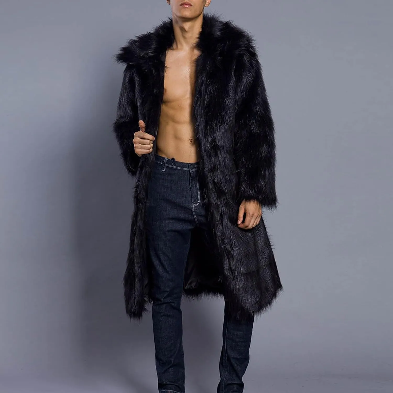 Men's Faux Fur Coat Winter Fashion Furry Fleece Trench Coat Men Winter Warm Faux Fur Overcoat Thicken Soft Jacket