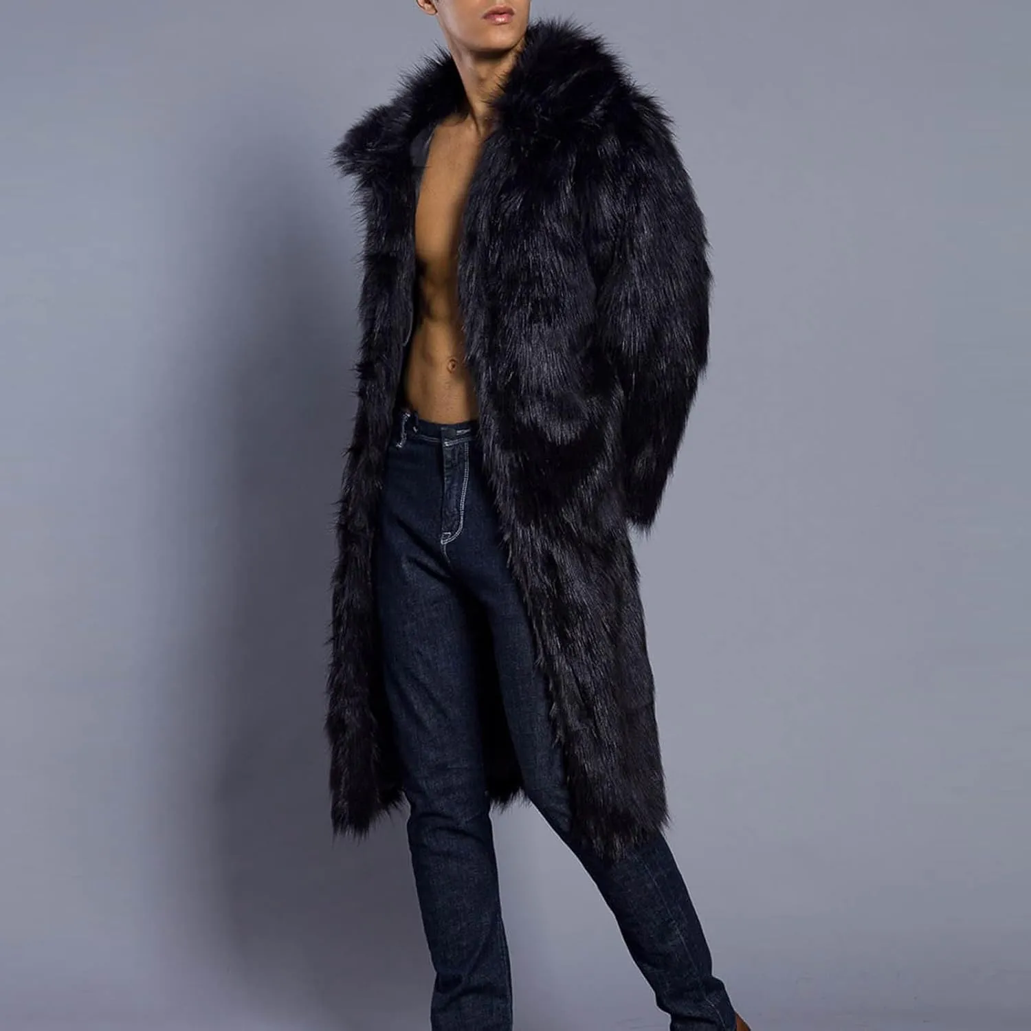Men's Faux Fur Coat Winter Fashion Furry Fleece Trench Coat Men Winter Warm Faux Fur Overcoat Thicken Soft Jacket