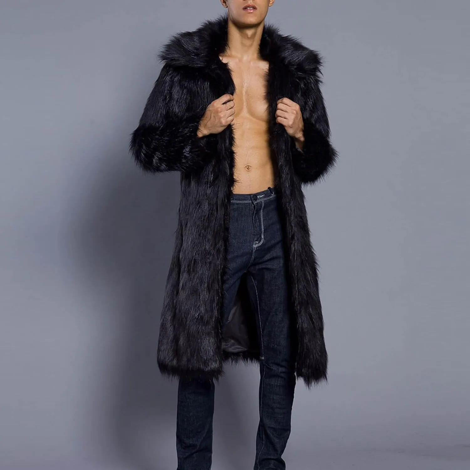 Men's Faux Fur Coat Winter Fashion Furry Fleece Trench Coat Men Winter Warm Faux Fur Overcoat Thicken Soft Jacket