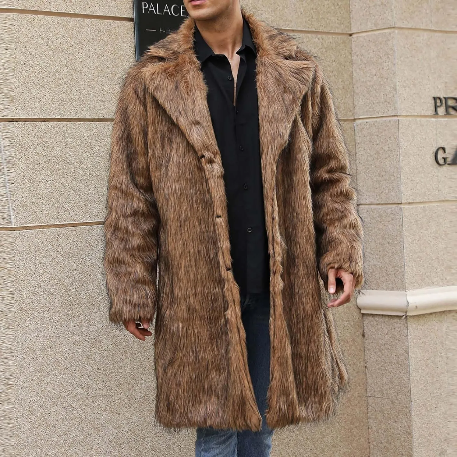 Men's Faux Fur Coat Winter Long Faux Fur Fluffy Cardigan Jacket Overcoat Warm Thick Soft Open Front Jacket Outerwear