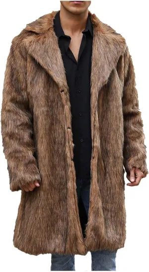 Men's Faux Fur Coat Winter Long Faux Fur Fluffy Cardigan Jacket Overcoat Warm Thick Soft Open Front Jacket Outerwear