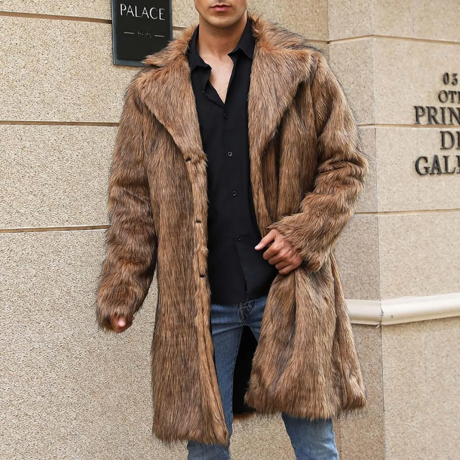 Men's Faux Fur Coat Winter Long Faux Fur Fluffy Cardigan Jacket Overcoat Warm Thick Soft Open Front Jacket Outerwear