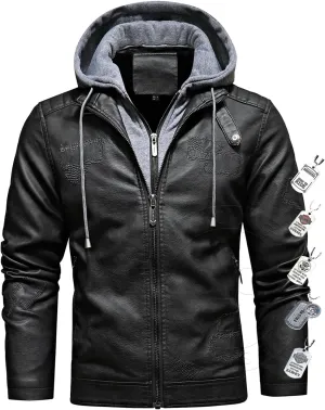 Men's Faux Leather Jacket Stand Collar Motorcycle Bomber Jacket Winter Coat Sherpa Fleece Lined with Removable Hood