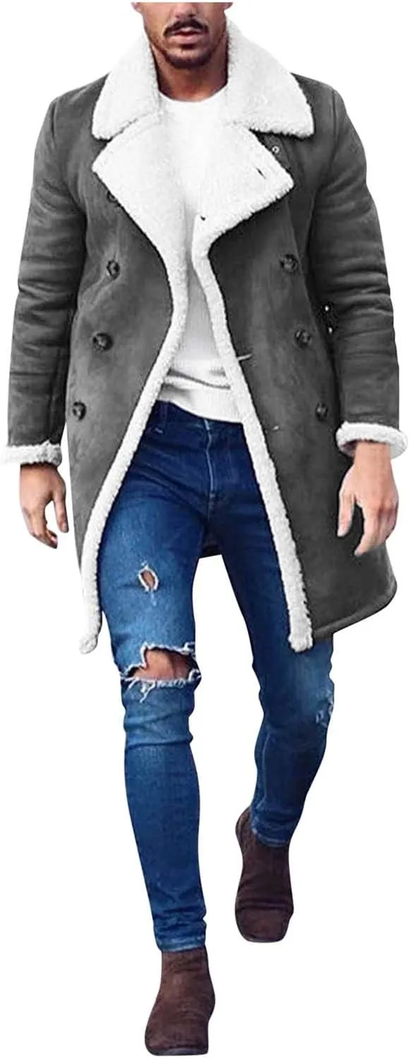 Mens Faux Leather Jacket Vintage Sherpa Fleece Lined Winter Coat Zipper Fur Collar Shearling Bomber Motorcycle Jacket