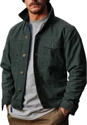 Mens Flannel Lined Workwear Cotton Canvas Trucker Jacket, Vintage Suede Leather Trucker Jacket, Faux Leather Jackets