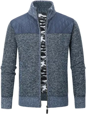Men's Full Zip Cardigan Sweater Slim Fit Cable Knitted Zip Up Sweater Casual Patchwork Cardigan Sweater with Pockets