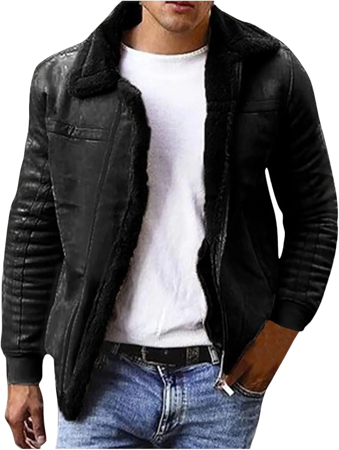 Mens Heavyweight Wool Bomber Jackets Faux Leather Sherpa Lined Vintage Motorcycle Stand Collar Jacket with Pockets