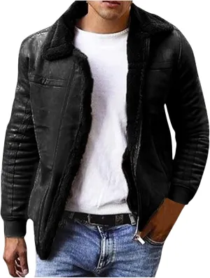 Mens Heavyweight Wool Bomber Jackets Faux Leather Sherpa Lined Vintage Motorcycle Stand Collar Jacket with Pockets