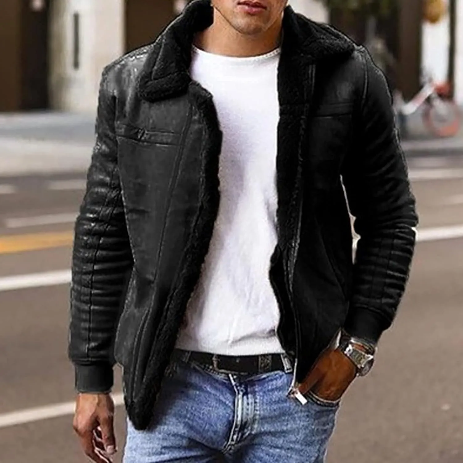 Mens Heavyweight Wool Bomber Jackets Faux Leather Sherpa Lined Vintage Motorcycle Stand Collar Jacket with Pockets