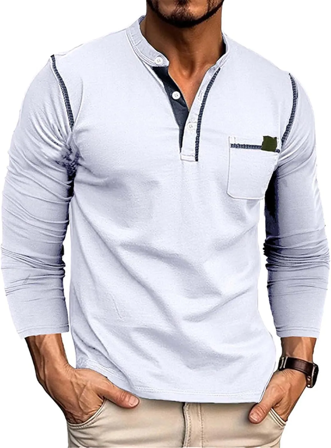 Mens Henley Shirts Long Sleeve Tactical Fleece Sweatshirt Button Pullover Sweater Casual Sweater Lightweight Pullover