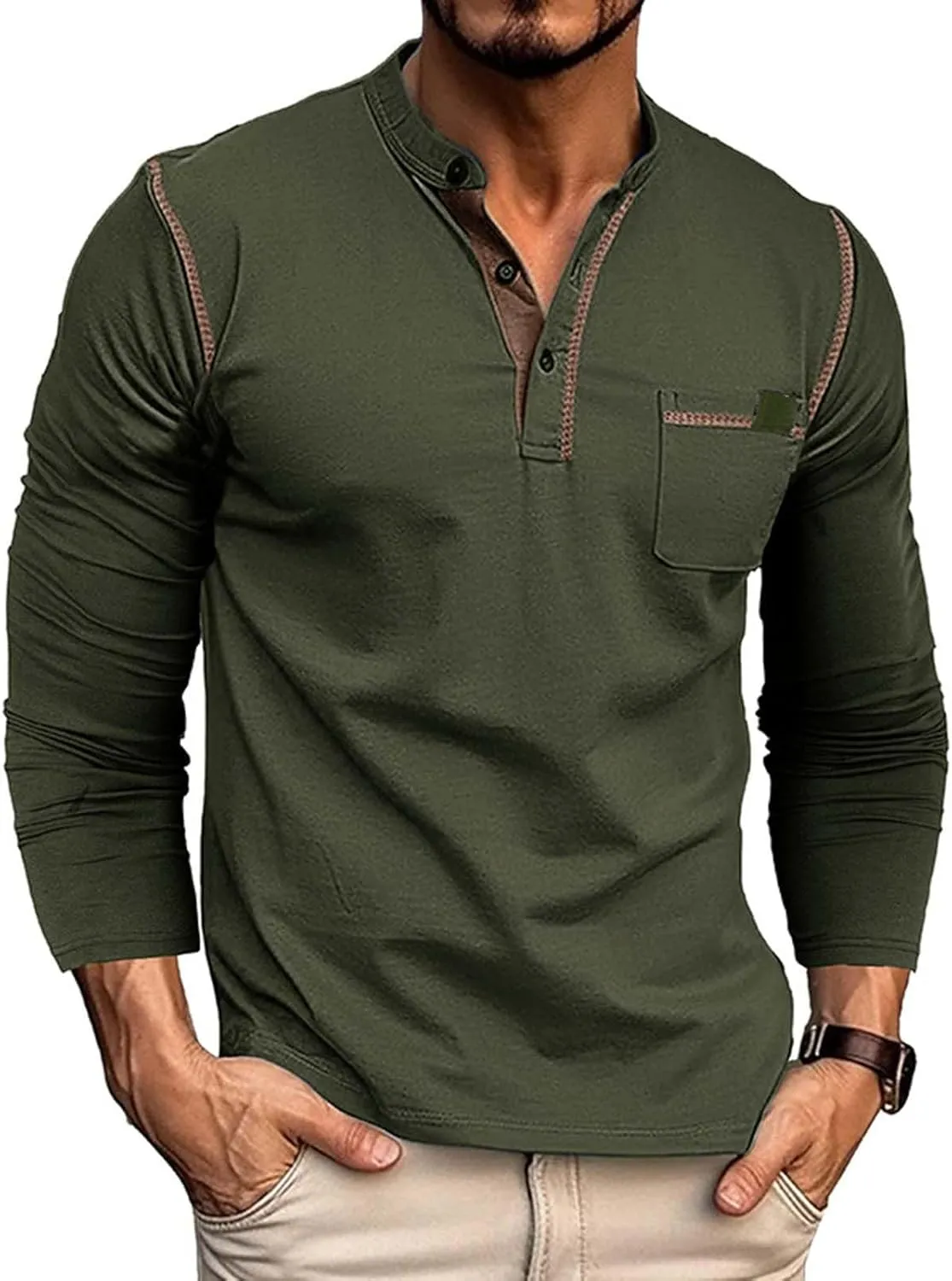Mens Henley Shirts Long Sleeve Tactical Fleece Sweatshirt Button Pullover Sweater Casual Sweater Lightweight Pullover