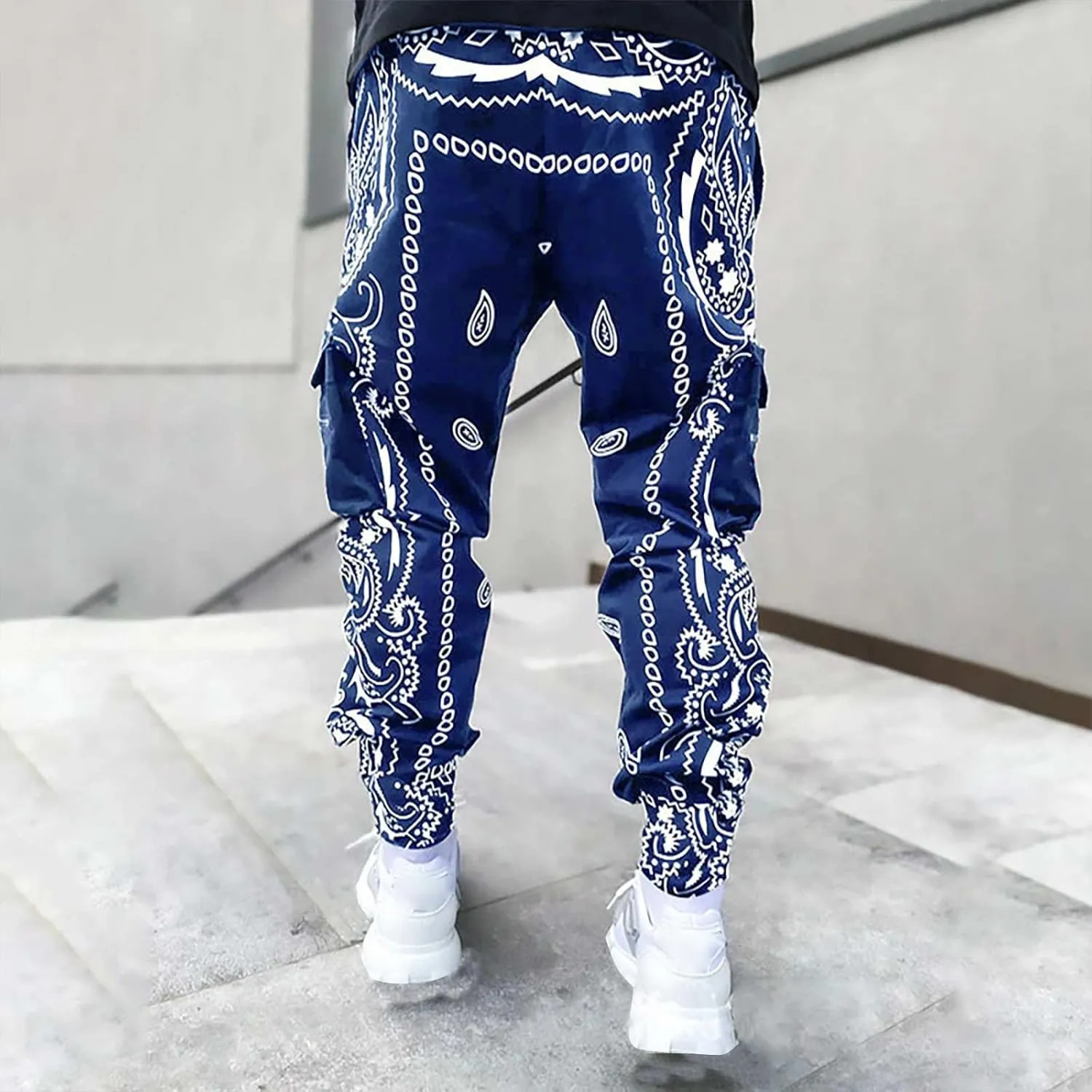 Men's Jogger Pants Plus Size Funny 3D Printed Stylish Cargo Pants Drawstring Waist Tapered Pants with Multi Pockets