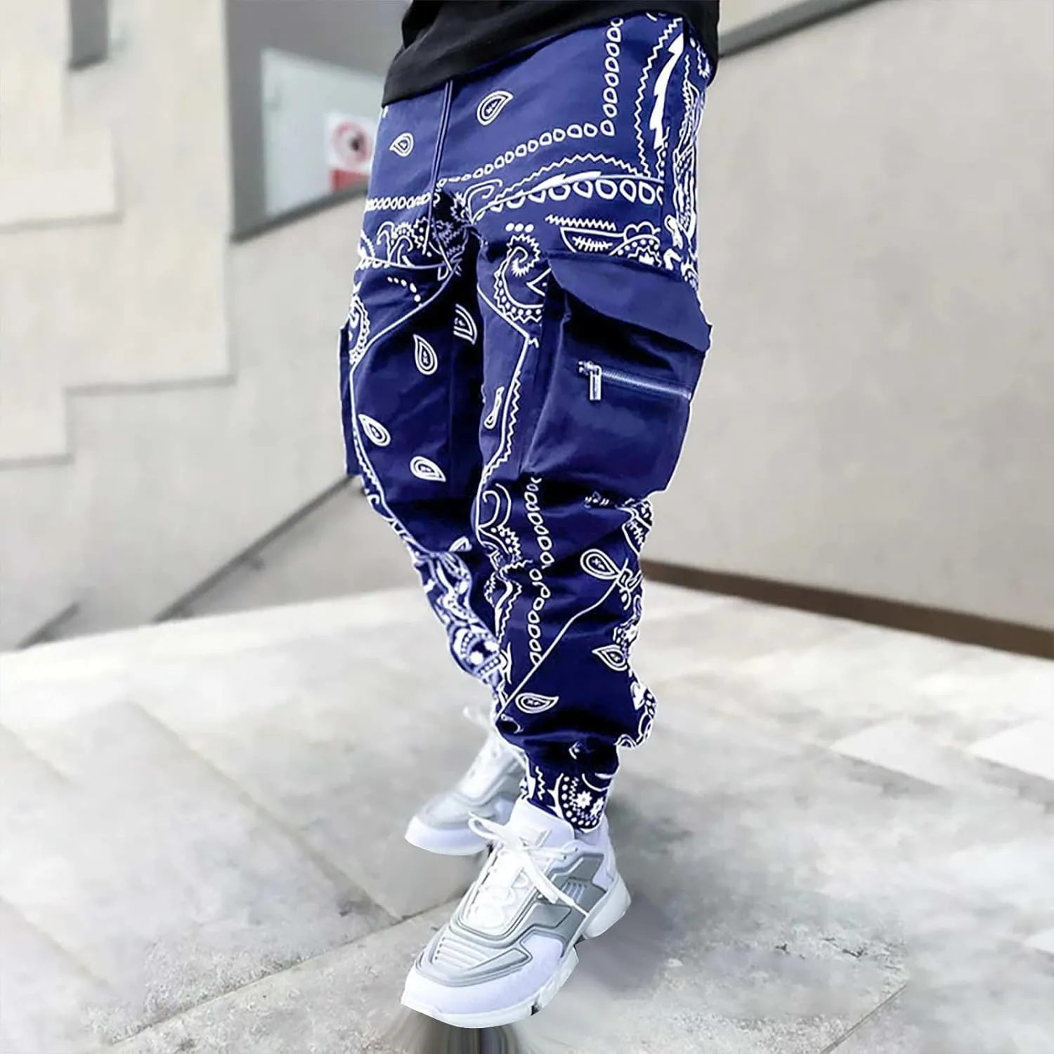 Men's Jogger Pants Plus Size Funny 3D Printed Stylish Cargo Pants Drawstring Waist Tapered Pants with Multi Pockets