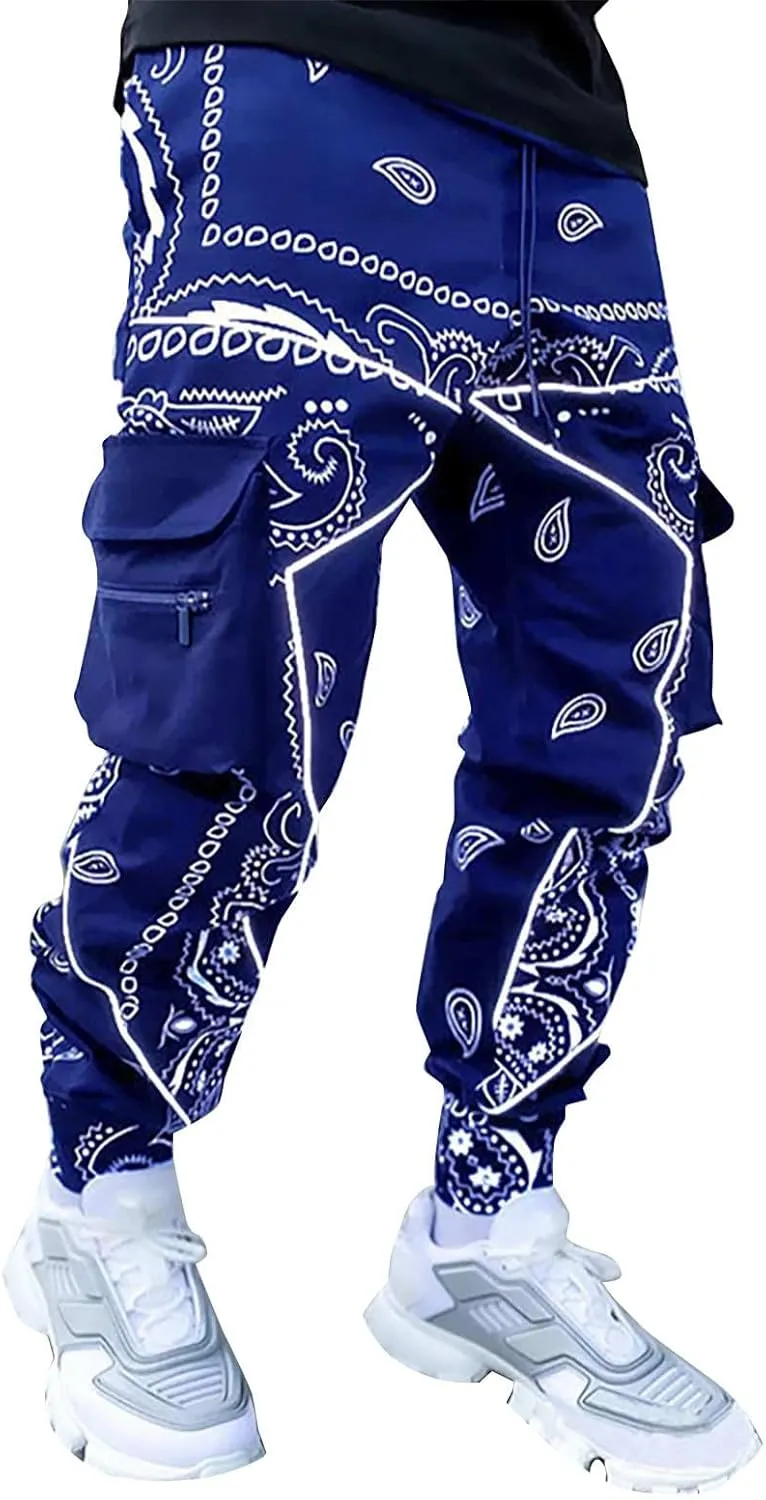 Men's Jogger Pants Plus Size Funny 3D Printed Stylish Cargo Pants Drawstring Waist Tapered Pants with Multi Pockets