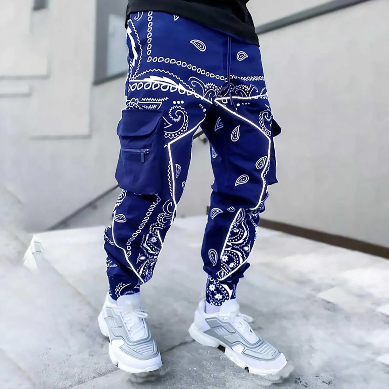 Men's Jogger Pants Plus Size Funny 3D Printed Stylish Cargo Pants Drawstring Waist Tapered Pants with Multi Pockets