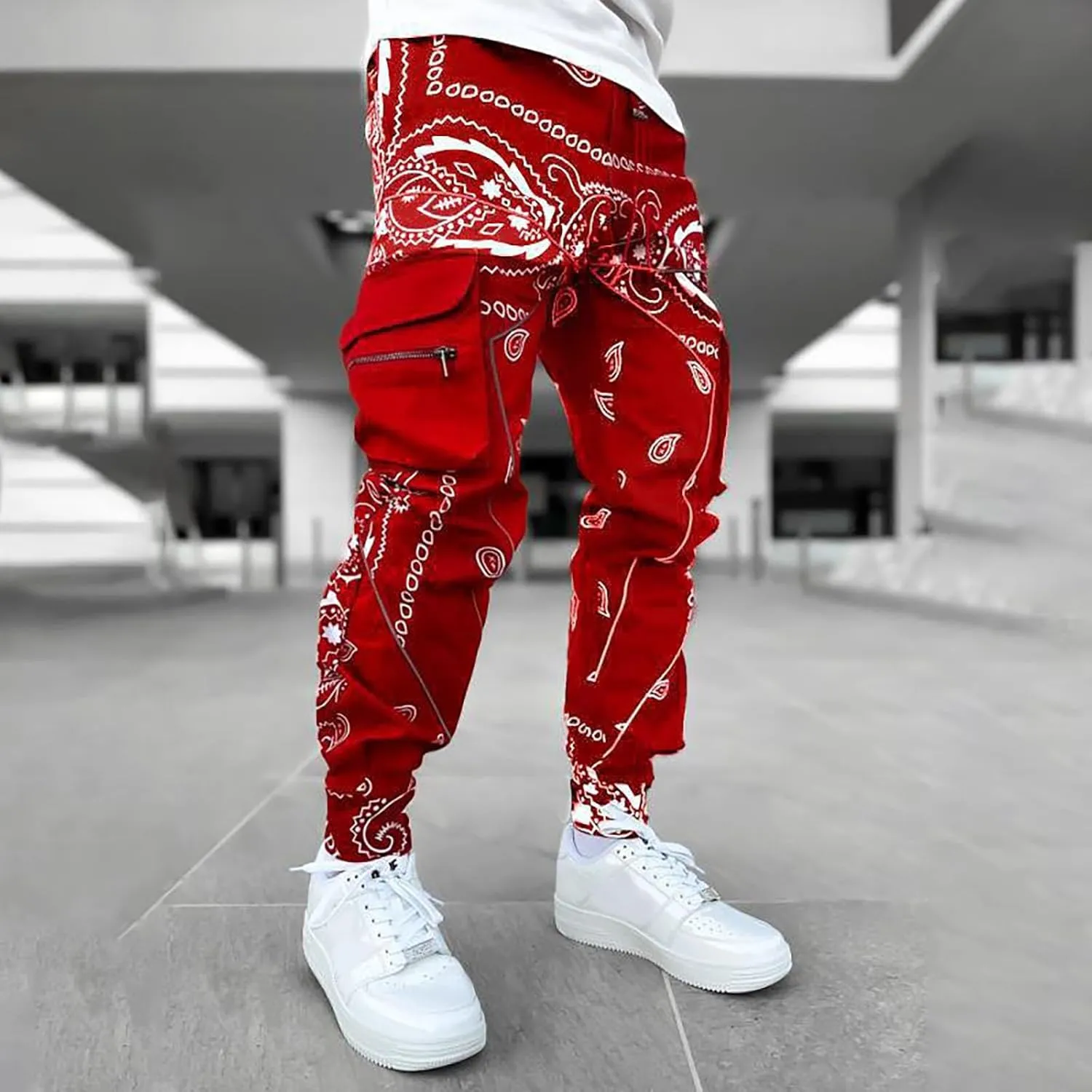 Men's Jogger Pants Plus Size Funny 3D Printed Stylish Cargo Pants Drawstring Waist Tapered Pants with Multi Pockets