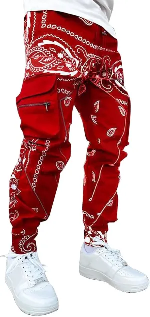 Men's Jogger Pants Plus Size Funny 3D Printed Stylish Cargo Pants Drawstring Waist Tapered Pants with Multi Pockets