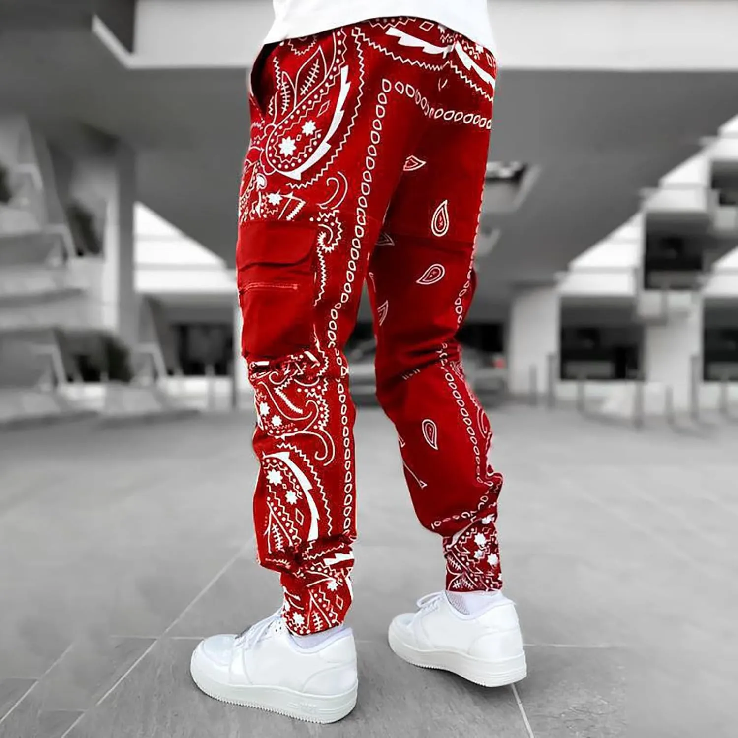 Men's Jogger Pants Plus Size Funny 3D Printed Stylish Cargo Pants Drawstring Waist Tapered Pants with Multi Pockets