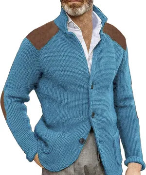 Mens Knitted Cardigan Sweater Stand Collar Chunky Coats Vintage Button Down Thermal Suit Jacket Outwear with Pockets