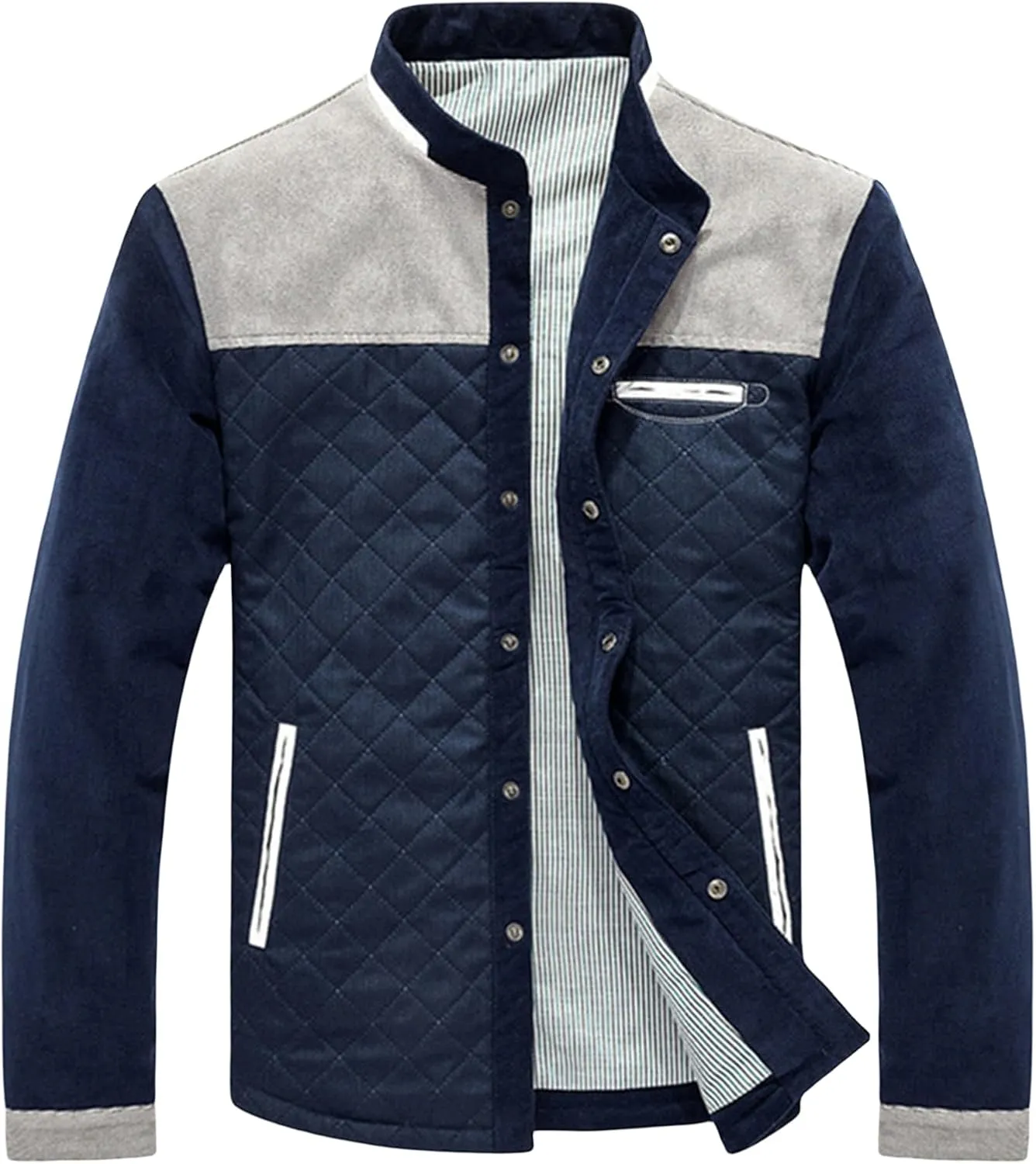 Mens Lightweight Diamond Quilted Puffer Down Jacket Business Casual Button Down Front for Autumn and Winter Wear