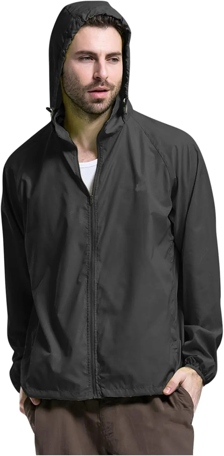 Men's Lightweight Softshell Hoodie Jacket Casual Long Sleeve Full Zip Waterproof Windbreaker Quick Drying Packable Jacket
