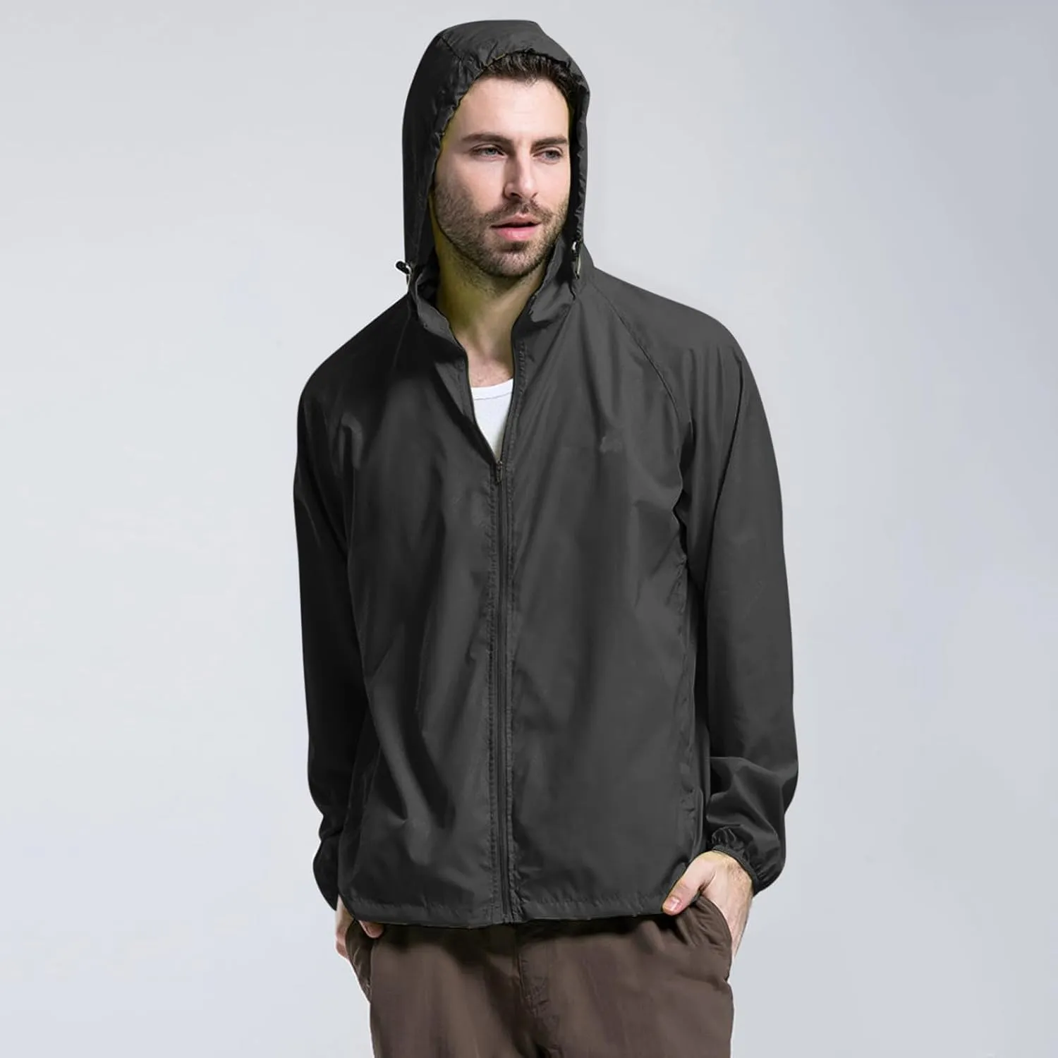 Men's Lightweight Softshell Hoodie Jacket Casual Long Sleeve Full Zip Waterproof Windbreaker Quick Drying Packable Jacket