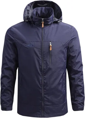 Mens Lightweight Windbreaker Waterproof Rain Jacket Full Zip Up Outdoor Light Coat with Detachable Hood