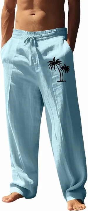 Mens Linen Beach Pants Coconat Tree Graphic Print Dress Pant Comfy Elastic Waist Drawstring Loose Baggy Trousers