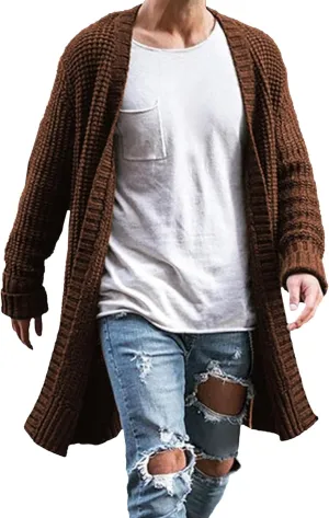 Men's Long Cardigan Sweaters Casual Cable Knit V Neck Open Front Cardigans Ribbed Long Winter Knitted Sweaters