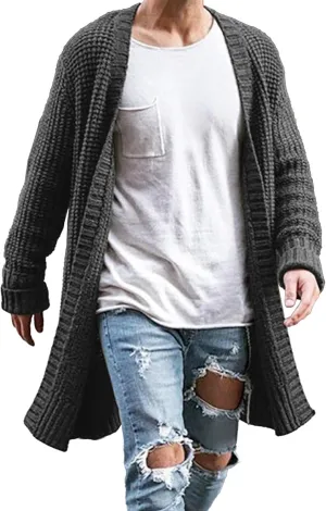 Men's Long Cardigan Sweaters Casual Cable Knit V Neck Open Front Cardigans Ribbed Long Winter Knitted Sweaters