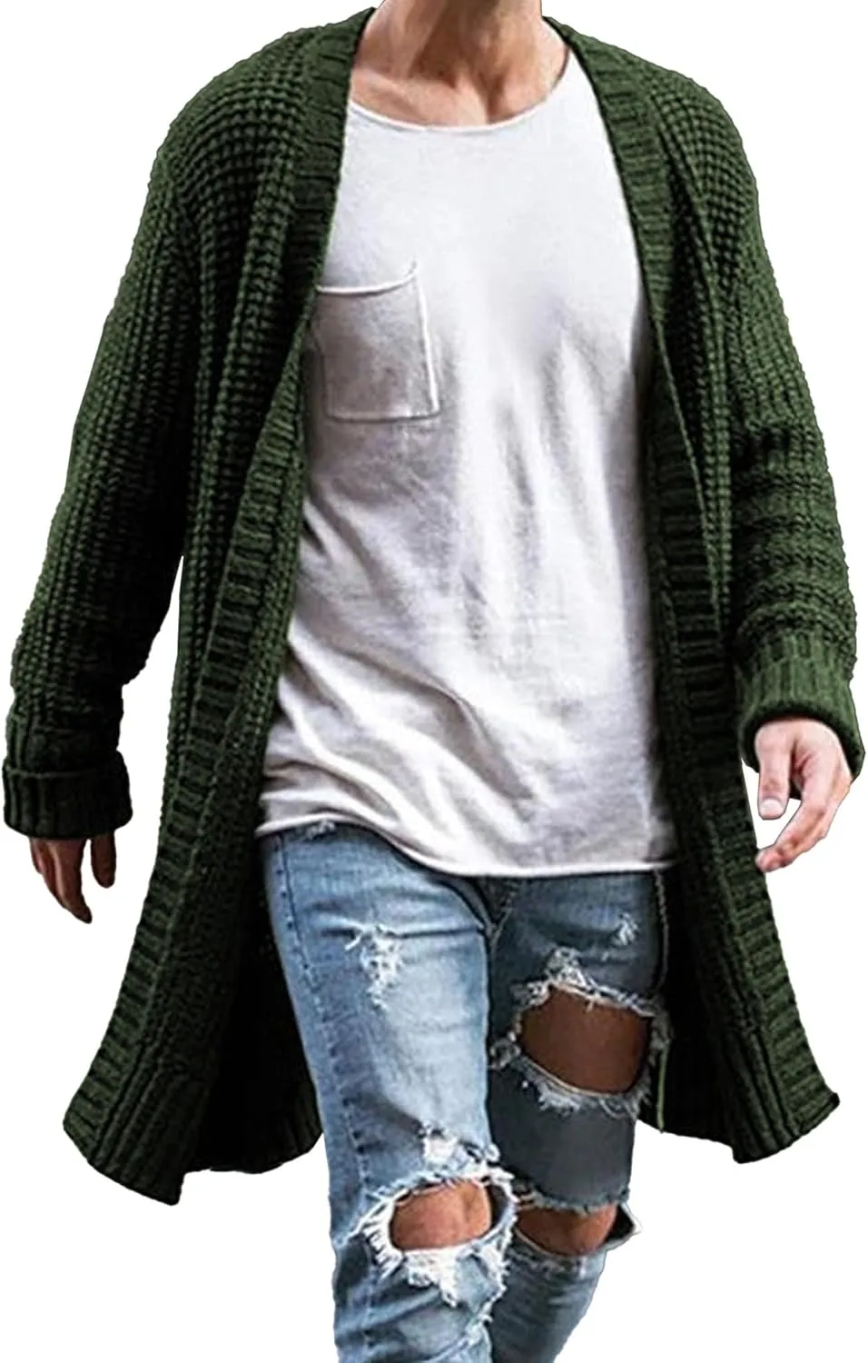 Men's Long Cardigan Sweaters Casual Cable Knit V Neck Open Front Cardigans Ribbed Long Winter Knitted Sweaters