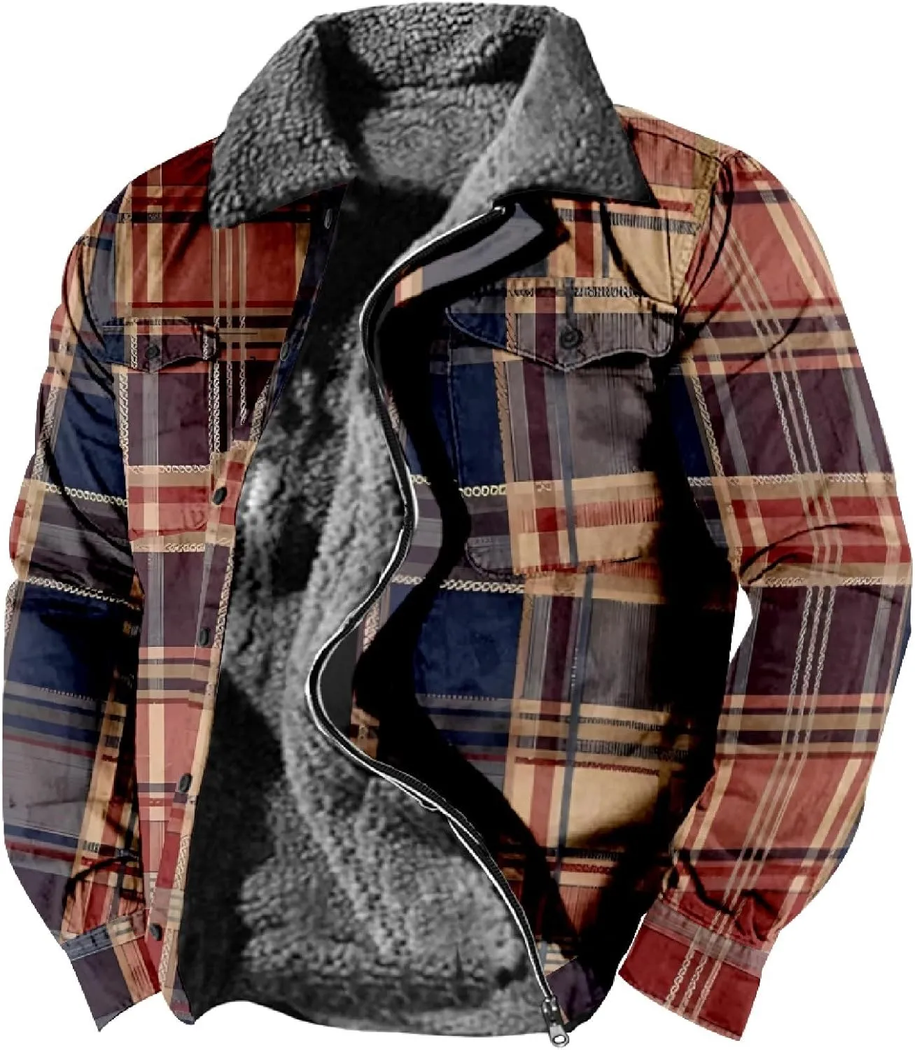 Mens Long Sleeve Sherpa Lined Plaid Flannel Shirt Jacket Hoodies Fleece Coat Fall Winter Windproof Warm Jackets