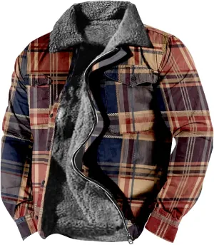 Mens Long Sleeve Sherpa Lined Plaid Flannel Shirt Jacket Hoodies Fleece Coat Fall Winter Windproof Warm Jackets