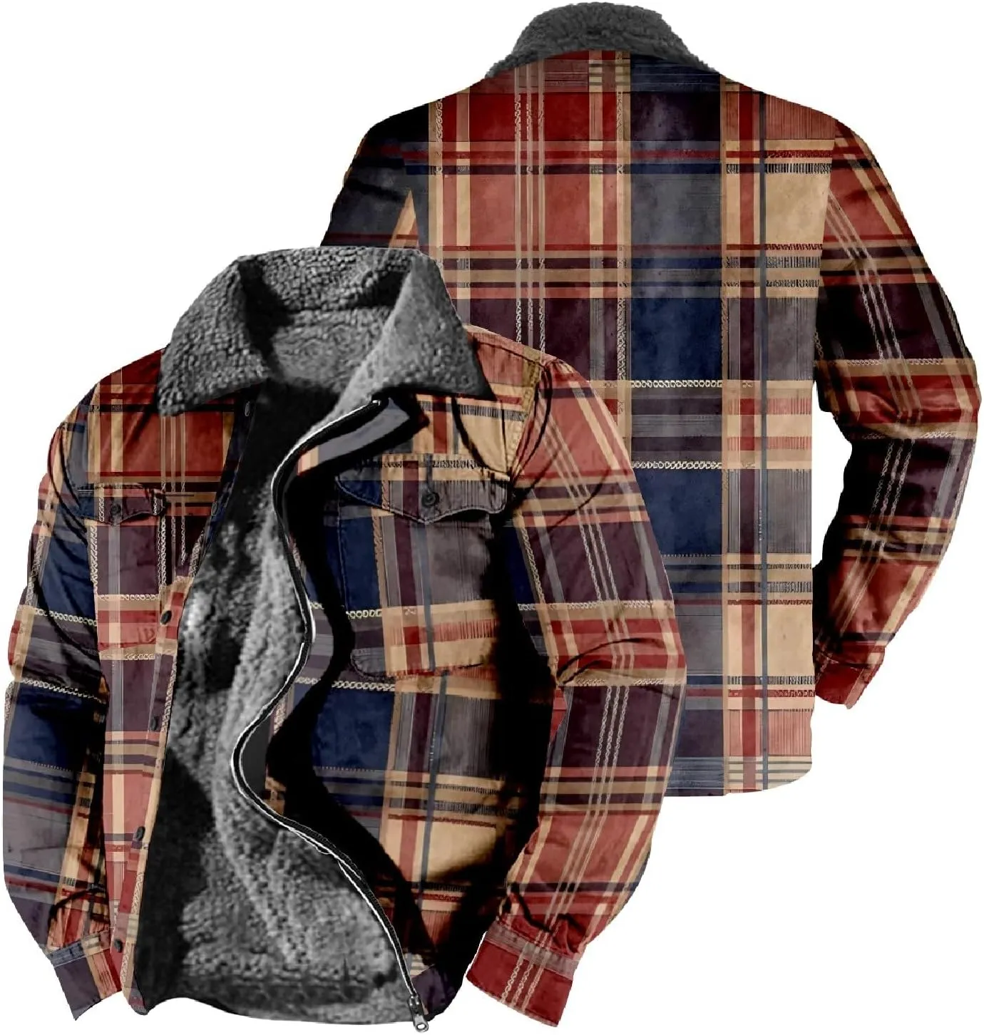 Mens Long Sleeve Sherpa Lined Plaid Flannel Shirt Jacket Hoodies Fleece Coat Fall Winter Windproof Warm Jackets