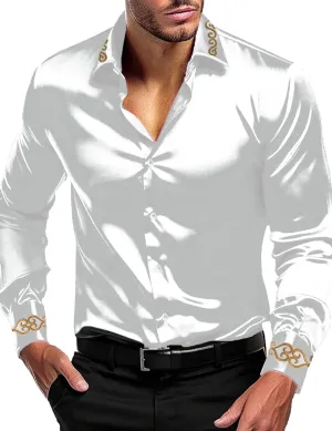 Men's Luxury Satin Dress Shirt Shiny Embroidery Silk Long Sleeve Button Up Shirts Prom Wedding Party Shirt