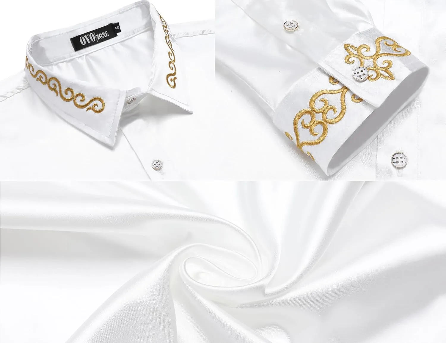 Men's Luxury Satin Dress Shirt Shiny Embroidery Silk Long Sleeve Button Up Shirts Prom Wedding Party Shirt