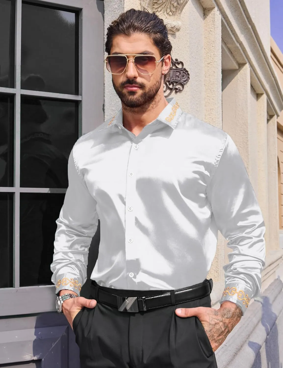 Men's Luxury Satin Dress Shirt Shiny Embroidery Silk Long Sleeve Button Up Shirts Prom Wedding Party Shirt