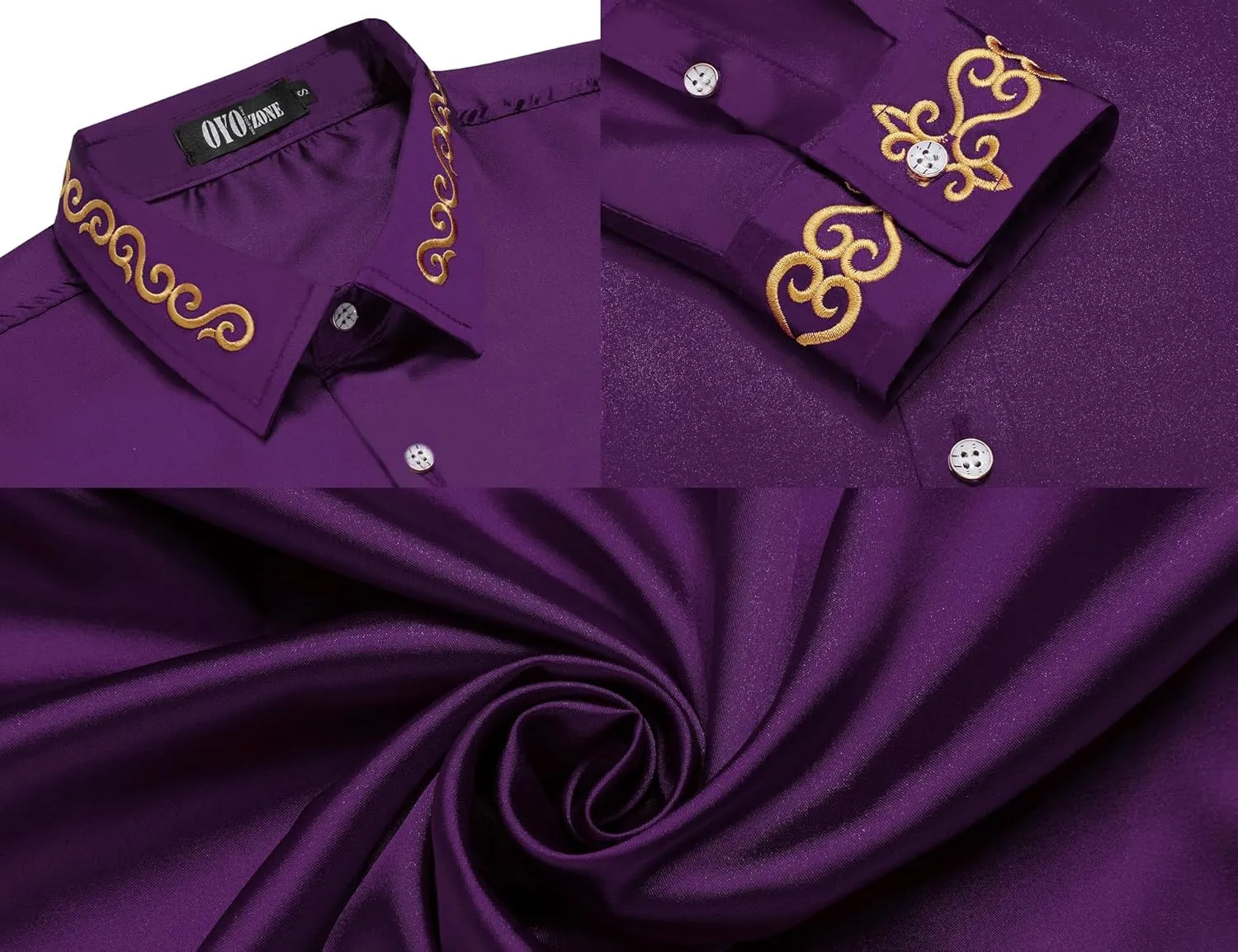 Men's Luxury Satin Dress Shirt Shiny Embroidery Silk Long Sleeve Button Up Shirts Prom Wedding Party Shirt